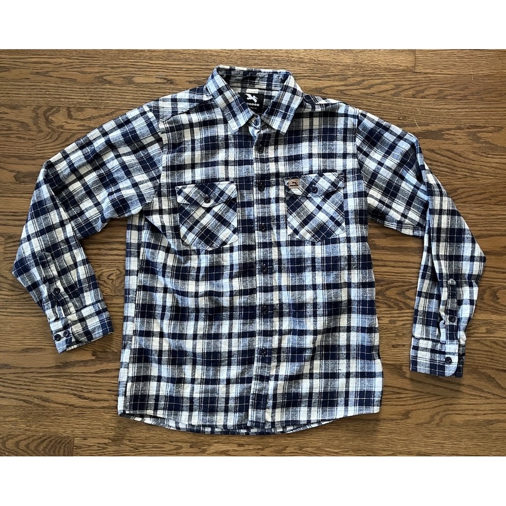 Fragile Ocean Sustainable Cotton Flannel Button-Up Shirt Blue/White - Mens Large
